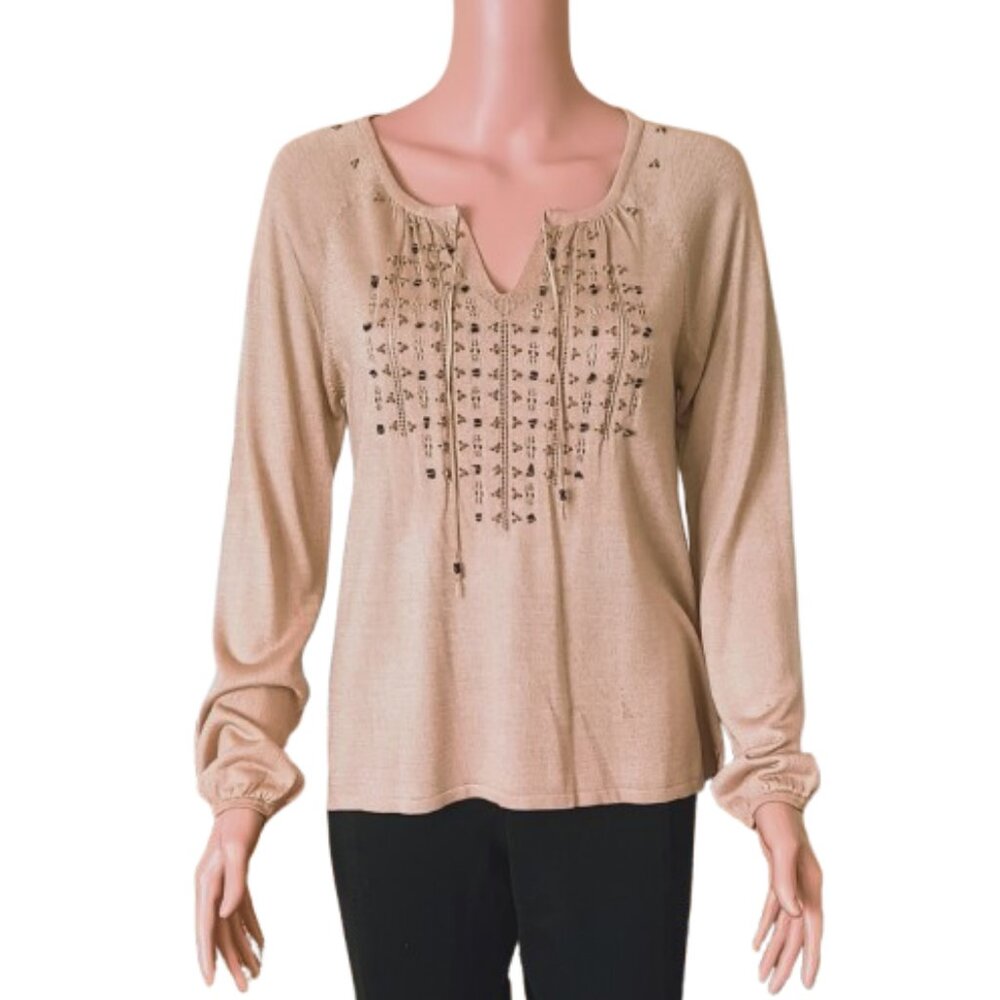 Sigrid Olsen Silk Blend Sweater M Beige Beaded Split Neck Long Sleeve Stretch